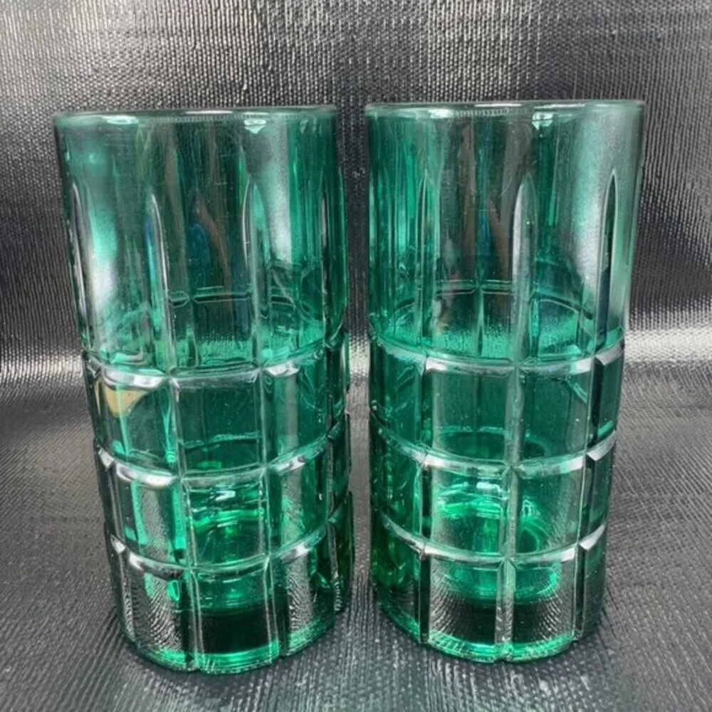 Anchor Hocking Tartan TEAL Green Manchester Glasses Tumblers 16Oz Highball Set 2